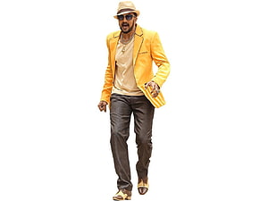 Kiccha Sudeep in a vibrant yellow blazer, fedora hat, and sunglasses against a white background HD wallpaper