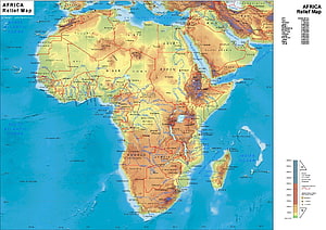 Detailed Africa Relief Map Showing Topography, Countries, and Major Cities HD wallpaper