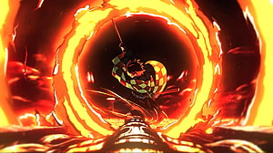 Tanjiro Kamado performing the Hinokami Kagura dance surrounded by a blazing ring of fire HD wallpaper
