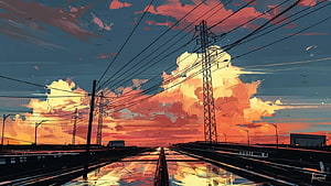 Anime Style Sunset Over Train Tracks With Power Lines And Vibrant Clouds HD wallpaper