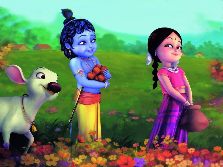 Baby Krishna and Radha in a Lush Green Field with a Cow HD wallpaper