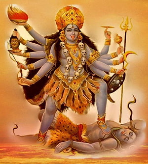 Maa Kali Divine Warrior Goddess with Multiple Arms and Skull Garland HD phone wallpaper