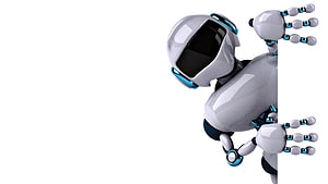 Sleek White and Blue AI Robot Peeking from the Side on a Clean White Background HD wallpaper