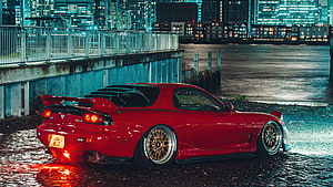 Red Mazda RX-7 FD3S Night Cityscape Wallpaper HD wallpaper