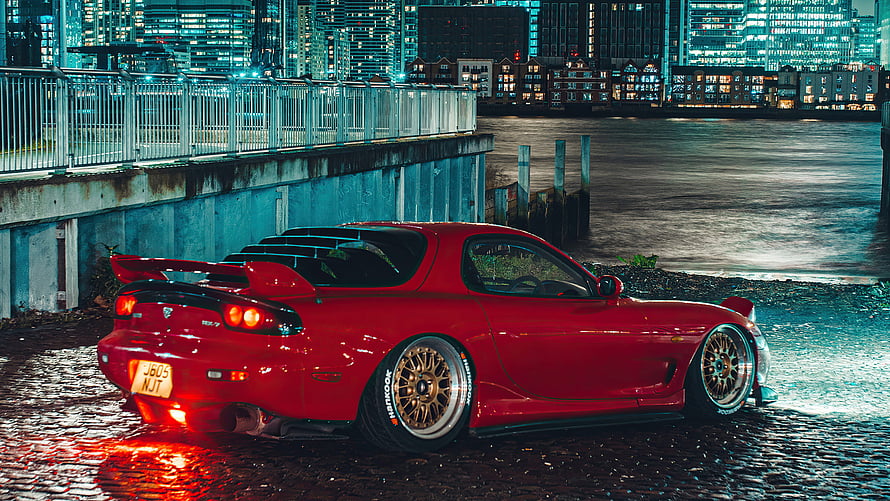 Red Mazda RX-7 FD3S Night Cityscape Wallpaper HD wallpaper