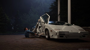 White Lamborghini Countach with Open Scissor Doors and Man Sitting on Pavement, the wolf of wall street The Wolf Of Wall Street, #wolf of wall street HD wallpaper