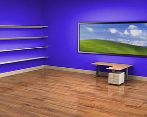 Modern Office Interior with Blue Walls, Wooden Floor, and Wall-Mounted Display Screen HD wallpaper