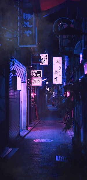 Neon-lit Tokyo alleyway at night with glowing Japanese signs and moody blue atmosphere HD phone wallpaper