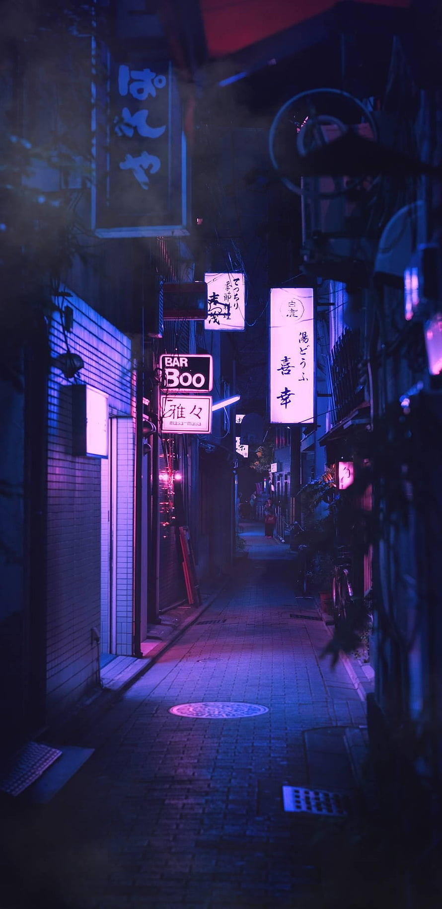 Neon-lit Tokyo alleyway at night with glowing Japanese signs and moody blue atmosphere HD phone wallpaper