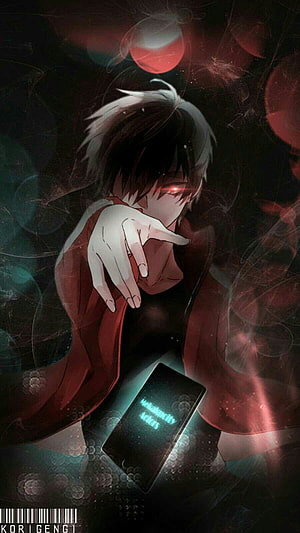Dark Anime Boy with Glowing Red Eyes and Smartphone in Moody Red Atmosphere HD phone wallpaper