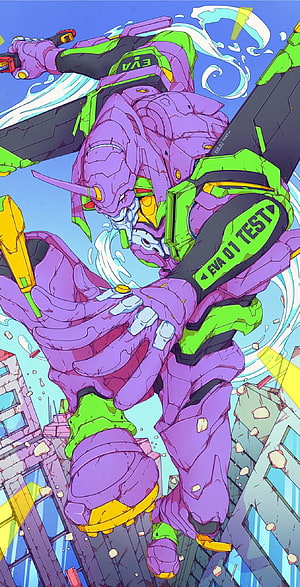 EVA Unit-01 in Dynamic Combat Pose Amidst Urban Destruction HD phone wallpaper