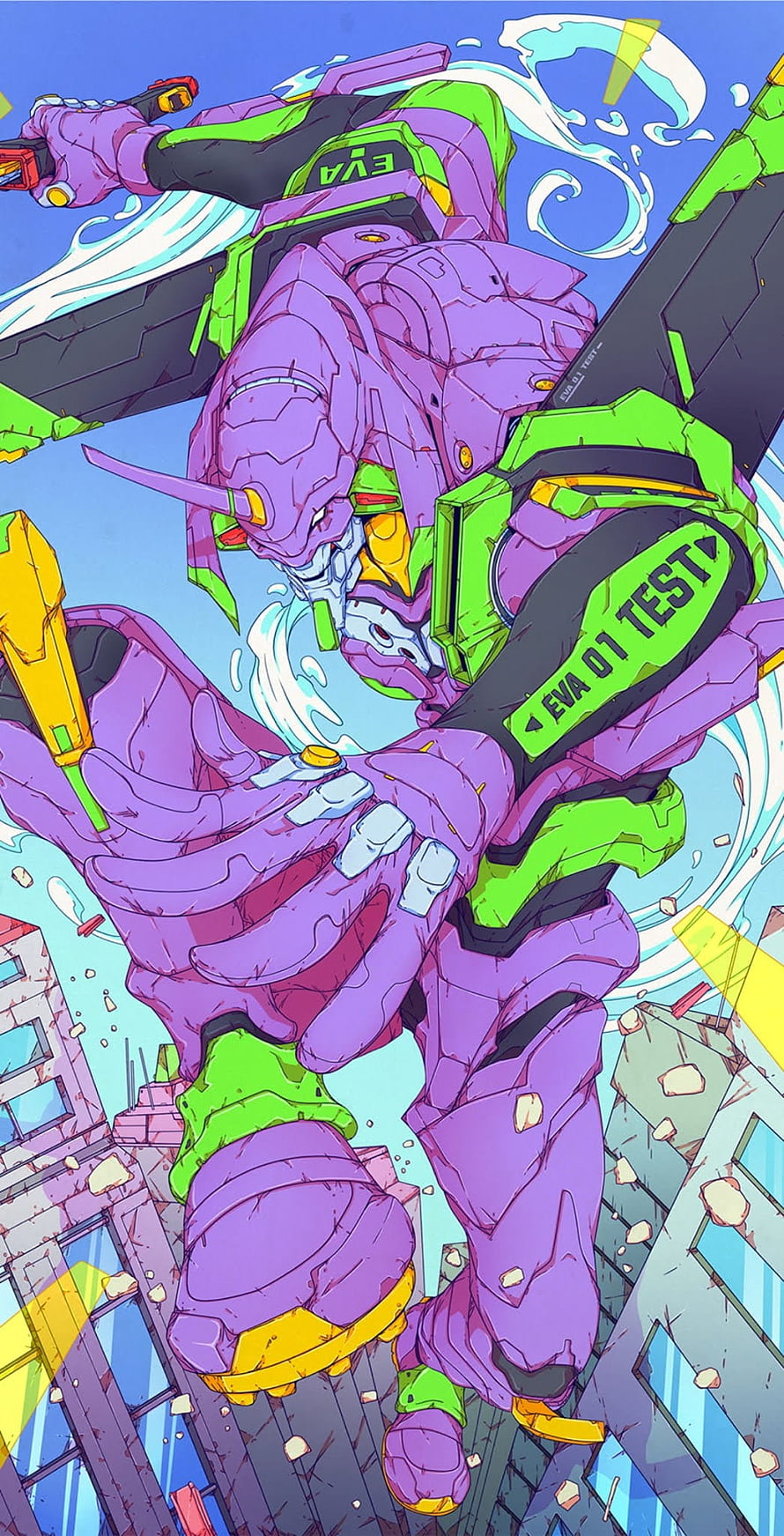 EVA Unit-01 in Dynamic Combat Pose Amidst Urban Destruction HD phone wallpaper