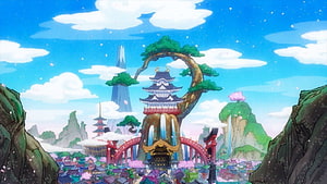 Wano Country Landscape From One Piece Anime With Castle And Torii Gates HD wallpaper