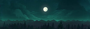 Serene Night Landscape With Full Moon Over Pine Forest And Mountains HD wallpaper