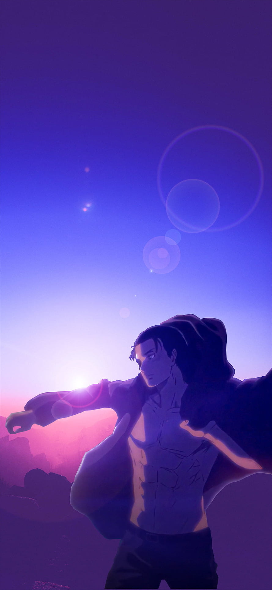 Eren Yeager Anime Character Standing in Purple Sunset Landscape HD phone wallpaper