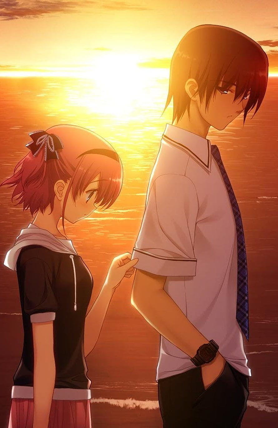 Anime Couple Standing On Beach At Sunset With Girl Pulling Boy Sleeve HD phone wallpaper