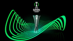 UEFA Europa Conference League Trophy with Neon Green Abstract Waves on Black Background HD wallpaper