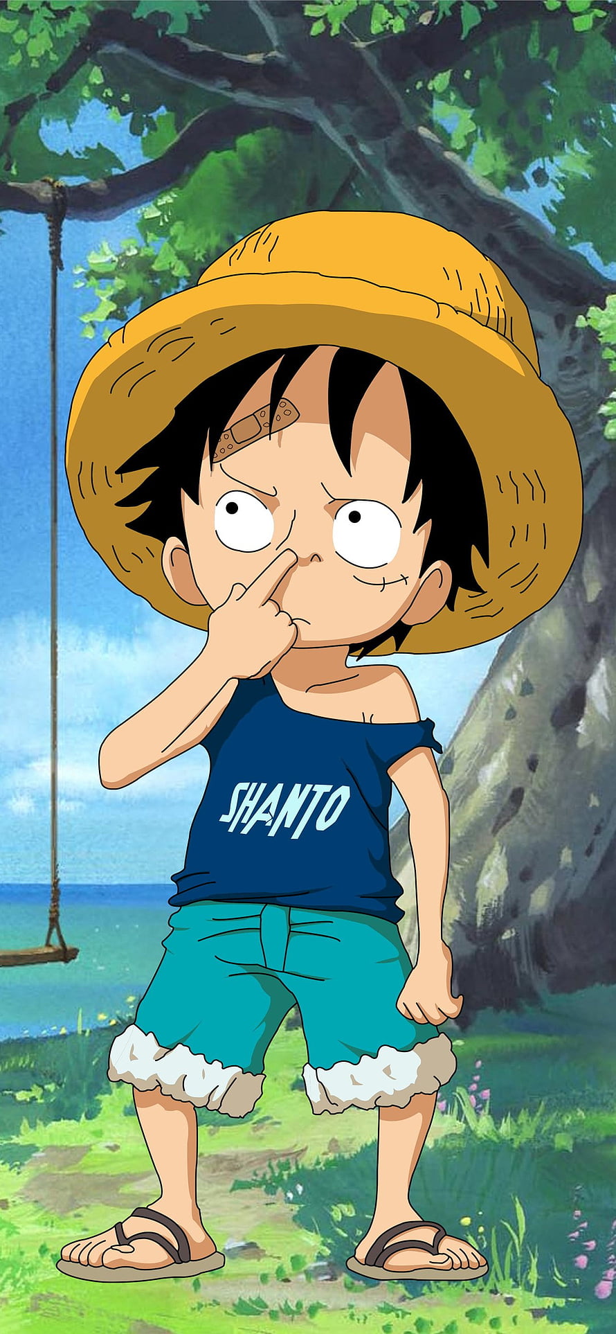 Young Monkey D. Luffy from One Piece wearing a straw hat and blue shirt standing under a tree HD phone wallpaper