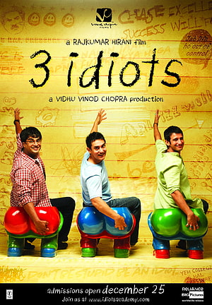 3 Idiots Movie Poster Featuring Three Men on Colorful Seesaws Against a Yellow Notebook Background HD phone wallpaper