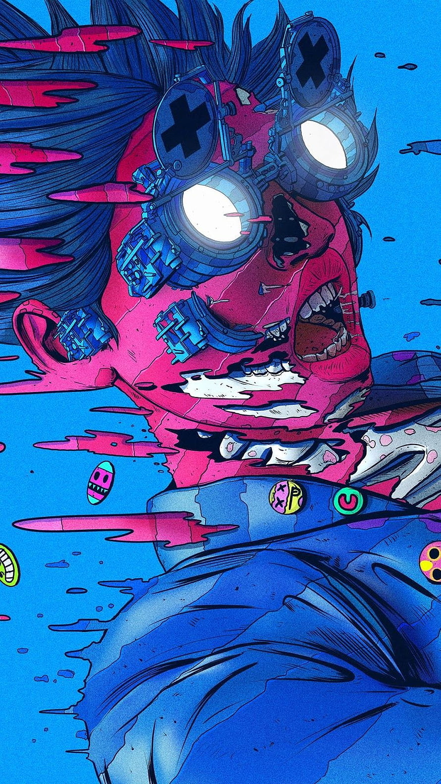 Psychedelic Cyberpunk Skull with Mechanical Goggles and Neon Pink Hair HD phone wallpaper