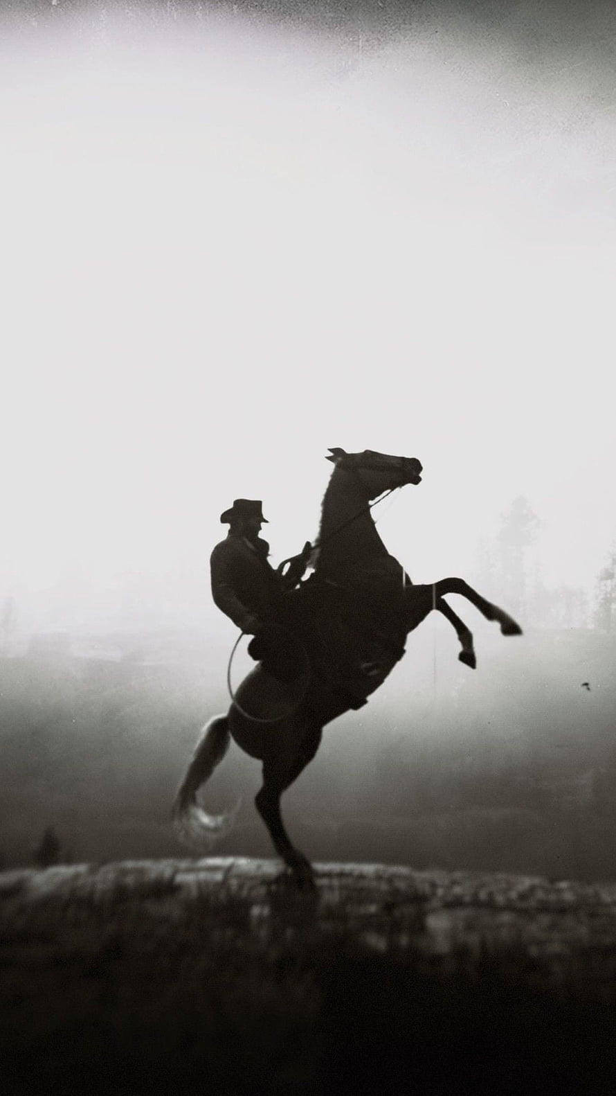 Red Dead Redemption 2 Silhouette of a Cowboy on a Rearing Horse in Misty Dawn Light HD phone wallpaper