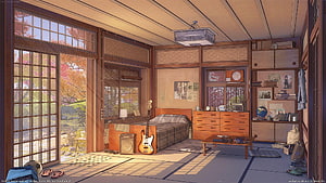 Sunlit Japanese Bedroom Interior With Bass Guitar And Autumn Garden View HD wallpaper
