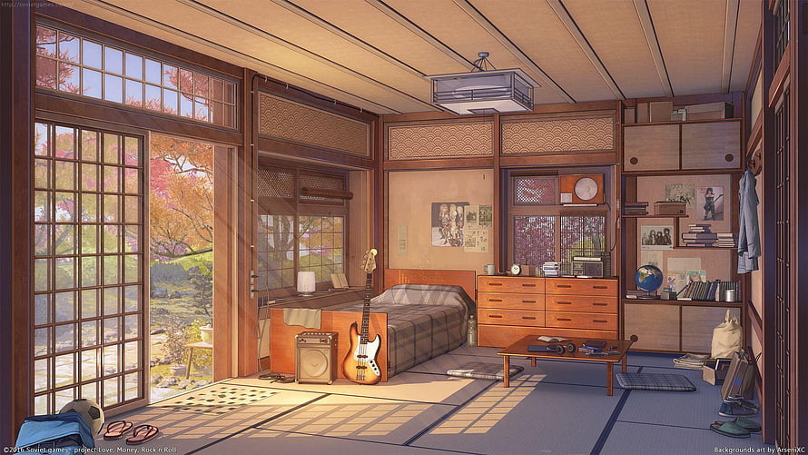 Sunlit Japanese Bedroom Interior With Bass Guitar And Autumn Garden View HD wallpaper