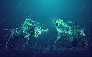 Digital Bull and Bear Market Concept with Polygonal Wireframe Animals and Financial Data HD wallpaper