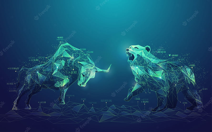 Digital Bull and Bear Market Concept with Polygonal Wireframe Animals and Financial Data HD wallpaper