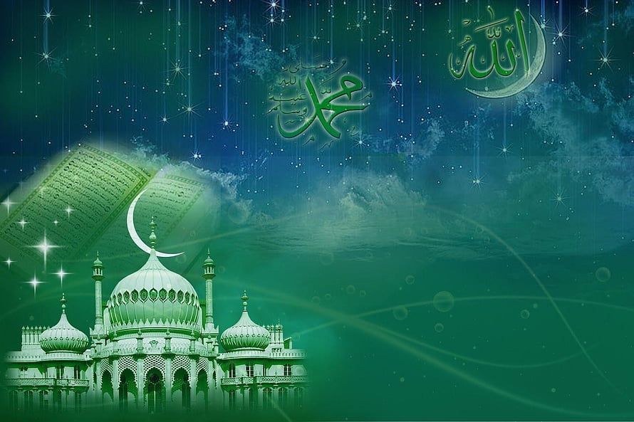Islamic Mosque and Quran Under Starry Night Sky with Arabic Calligraphy HD wallpaper