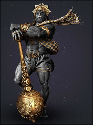 Black Hanuman Statue Holding Golden Mace with Ornate Crown and Leopard Skin, Black Hanuman, the legend of hanuman HD phone wallpaper