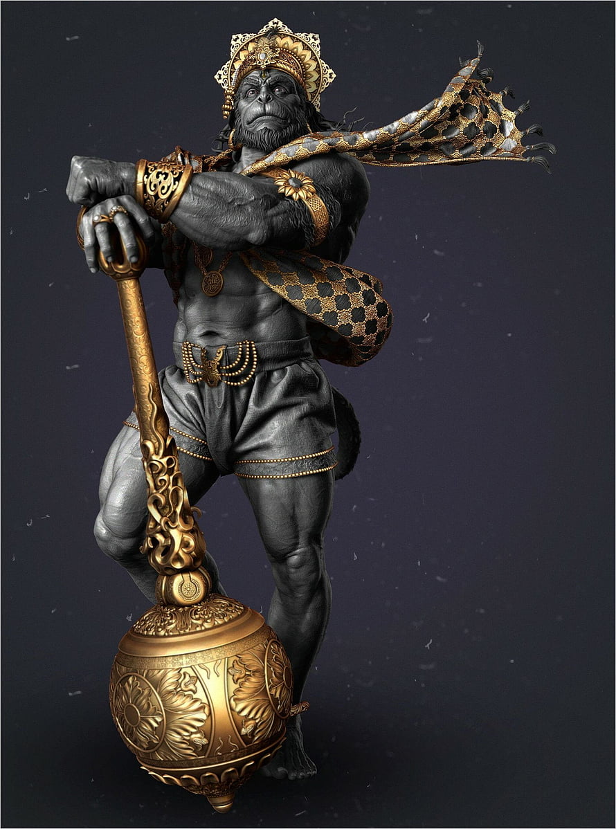 Black Hanuman Statue Holding Golden Mace with Ornate Crown and Leopard Skin, Black Hanuman, the legend of hanuman HD phone wallpaper