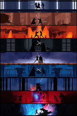 Star Wars Lightsaber Duel Silhouettes Across Iconic Film Scenes HD phone wallpaper