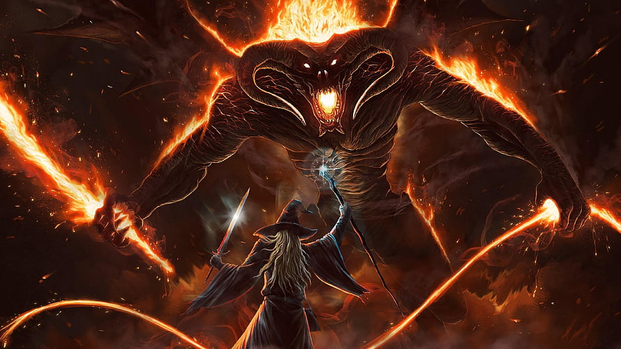 Gandalf Confronting a Fiery Demon in Epic Fantasy Artwork HD wallpaper