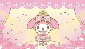 My Melody in a pink rose dress with a crown on a stage surrounded by flowers HD wallpaper
