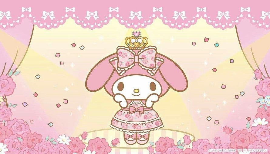 My Melody in a pink rose dress with a crown on a stage surrounded by flowers HD wallpaper