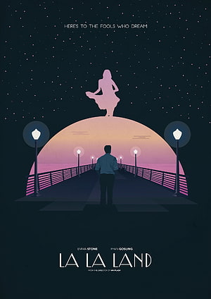 La La Land Minimalist Movie Poster Featuring Silhouettes on a Pier Under a Starry Night Sky HD phone wallpaper