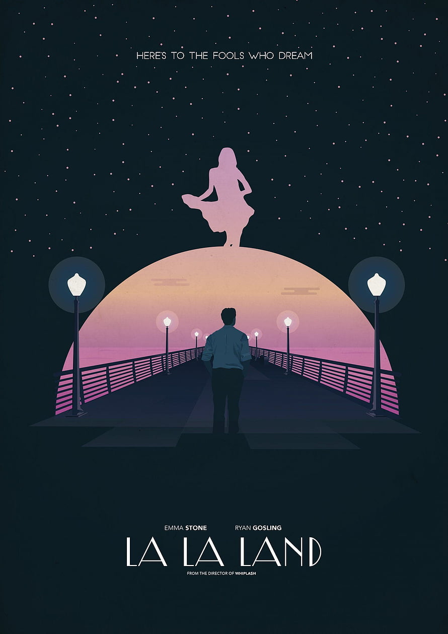 La La Land Minimalist Movie Poster Featuring Silhouettes on a Pier Under a Starry Night Sky HD phone wallpaper