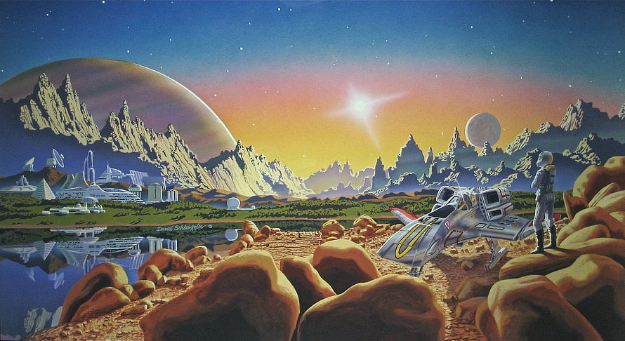 Retro Sci-Fi Alien Landscape With Futuristic Spacecraft And Distant City HD wallpaper