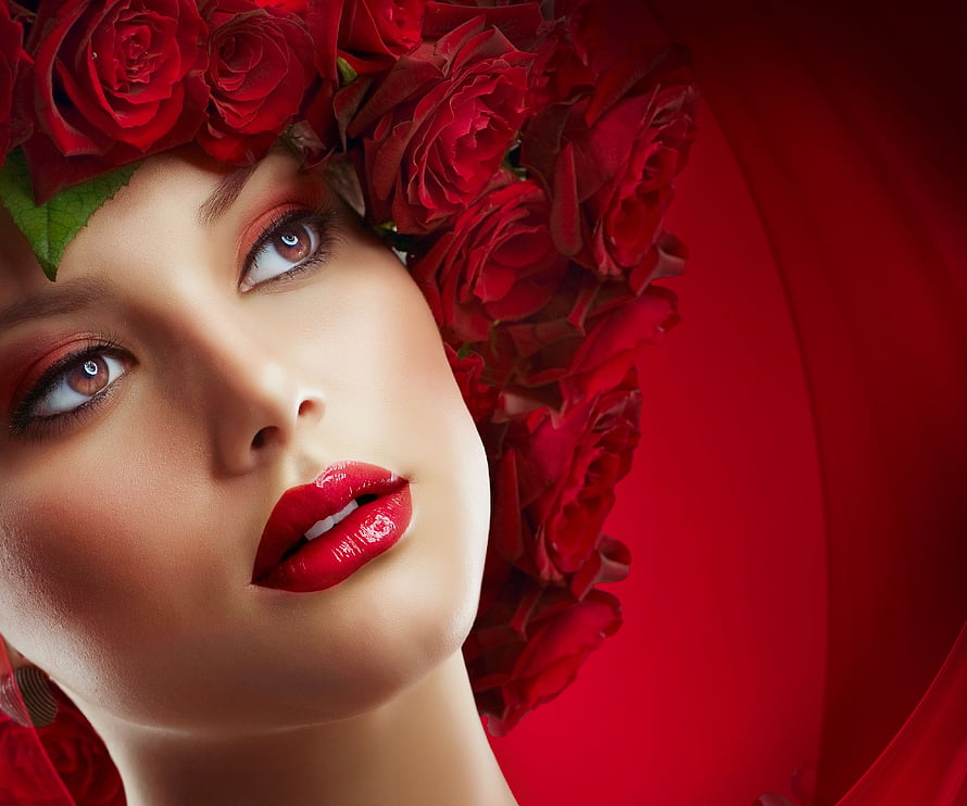 Elegant Beauty Portrait of a Woman Wearing a Crown of Red Roses with Bold Red Lipstick, 599915 Title Women Face Makeup Girl Model Rose, beauty parlour HD wallpaper