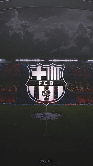 FC Barcelona Stadium Crest Against Dramatic Stormy Sky and Floodlit Pitch HD phone wallpaper