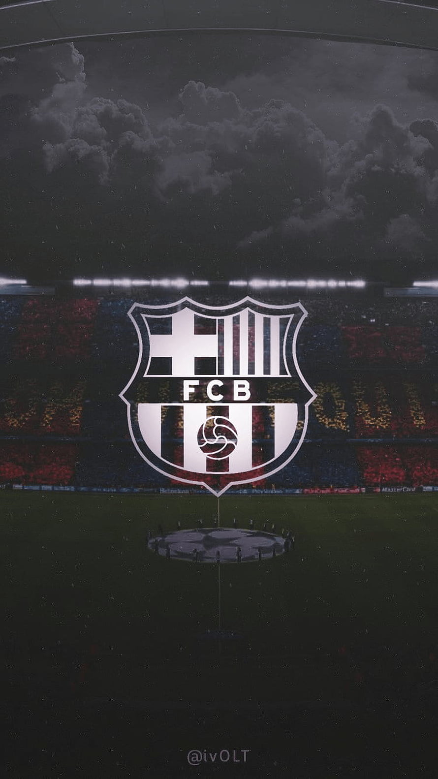 FC Barcelona Stadium Crest Against Dramatic Stormy Sky and Floodlit Pitch HD phone wallpaper
