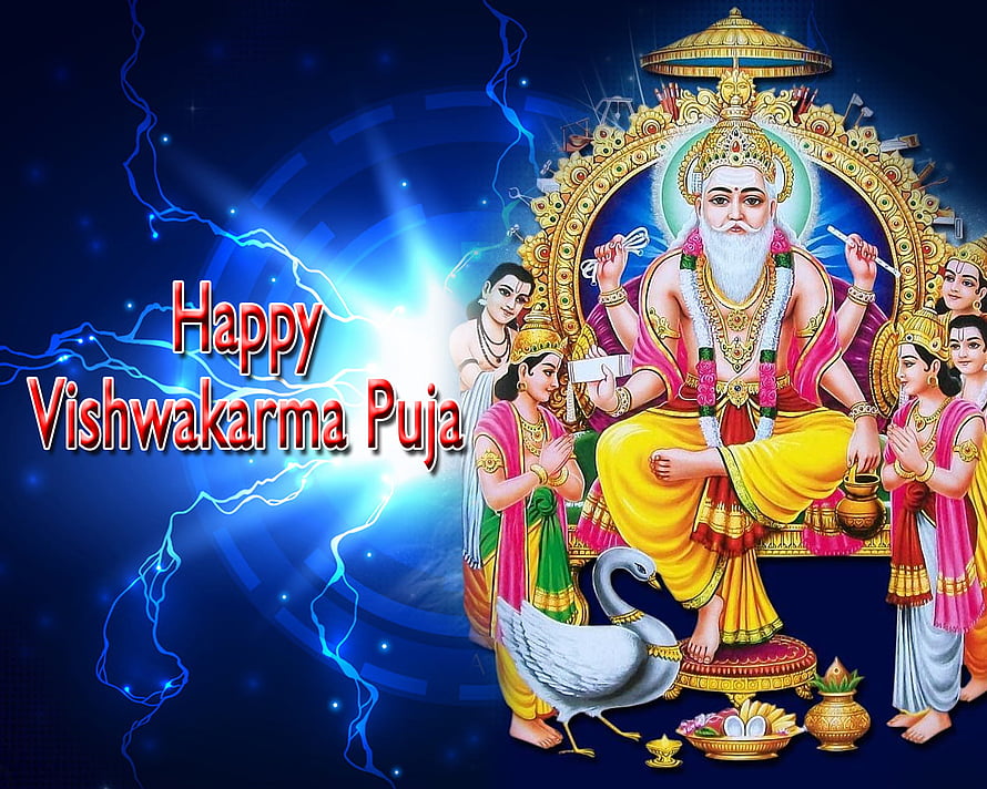Vishwakarma Puja Festival Greeting Card With Divine Deity And Praying Devotees HD wallpaper