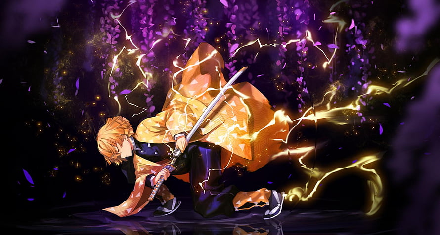 Zenitsu Agatsuma wielding a lightning-charged katana in a dramatic Demon Slayer anime scene HD wallpaper