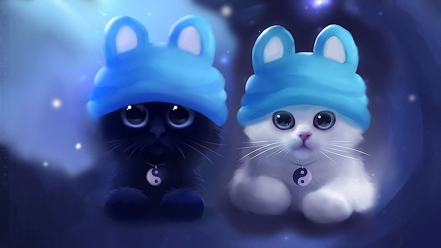Kawaii Black and White Kittens Wearing Blue Hats with Yin Yang Necklaces HD wallpaper