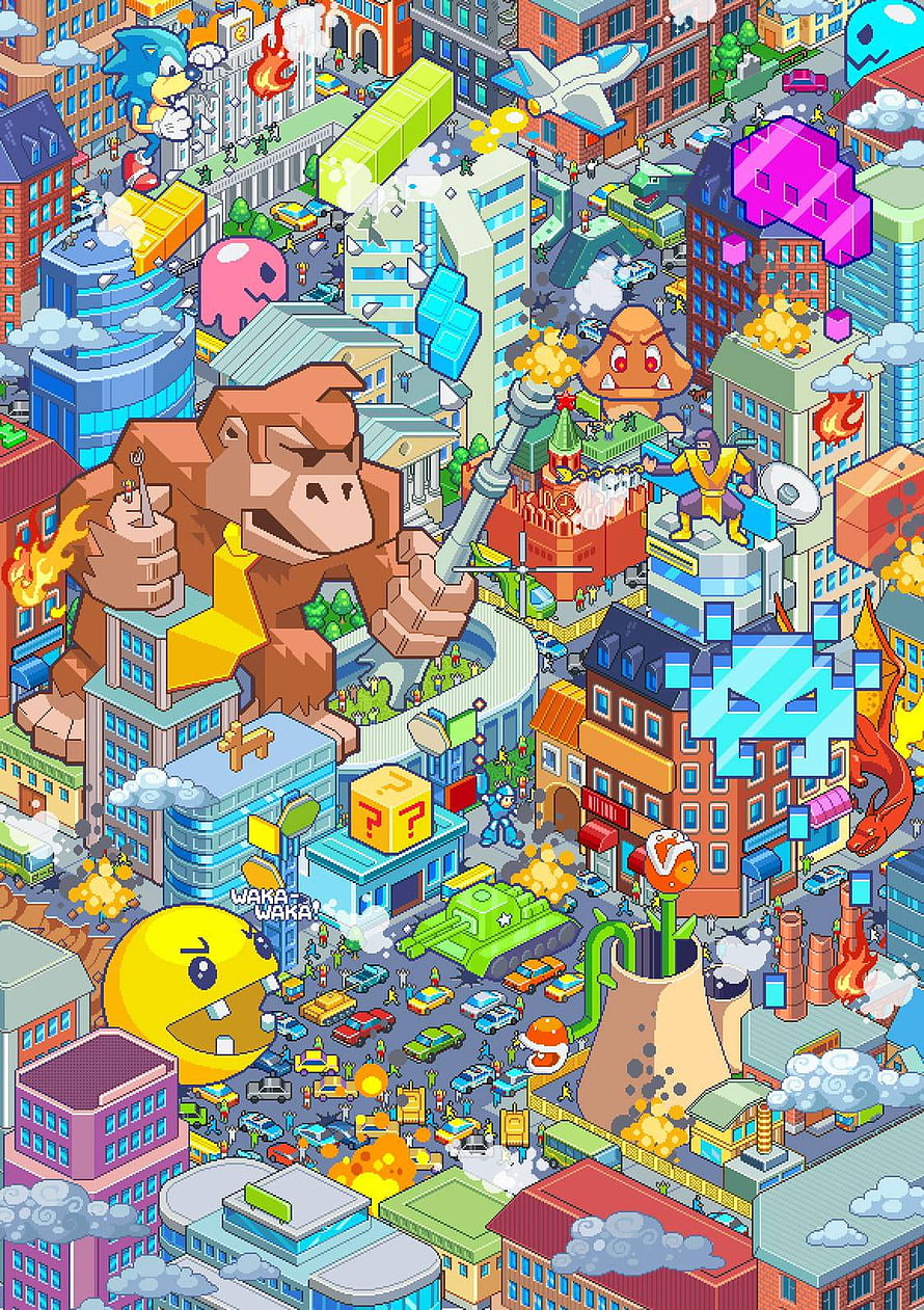 Retro Video Game Characters Destroying City Pixel Art Wallpaper HD phone wallpaper