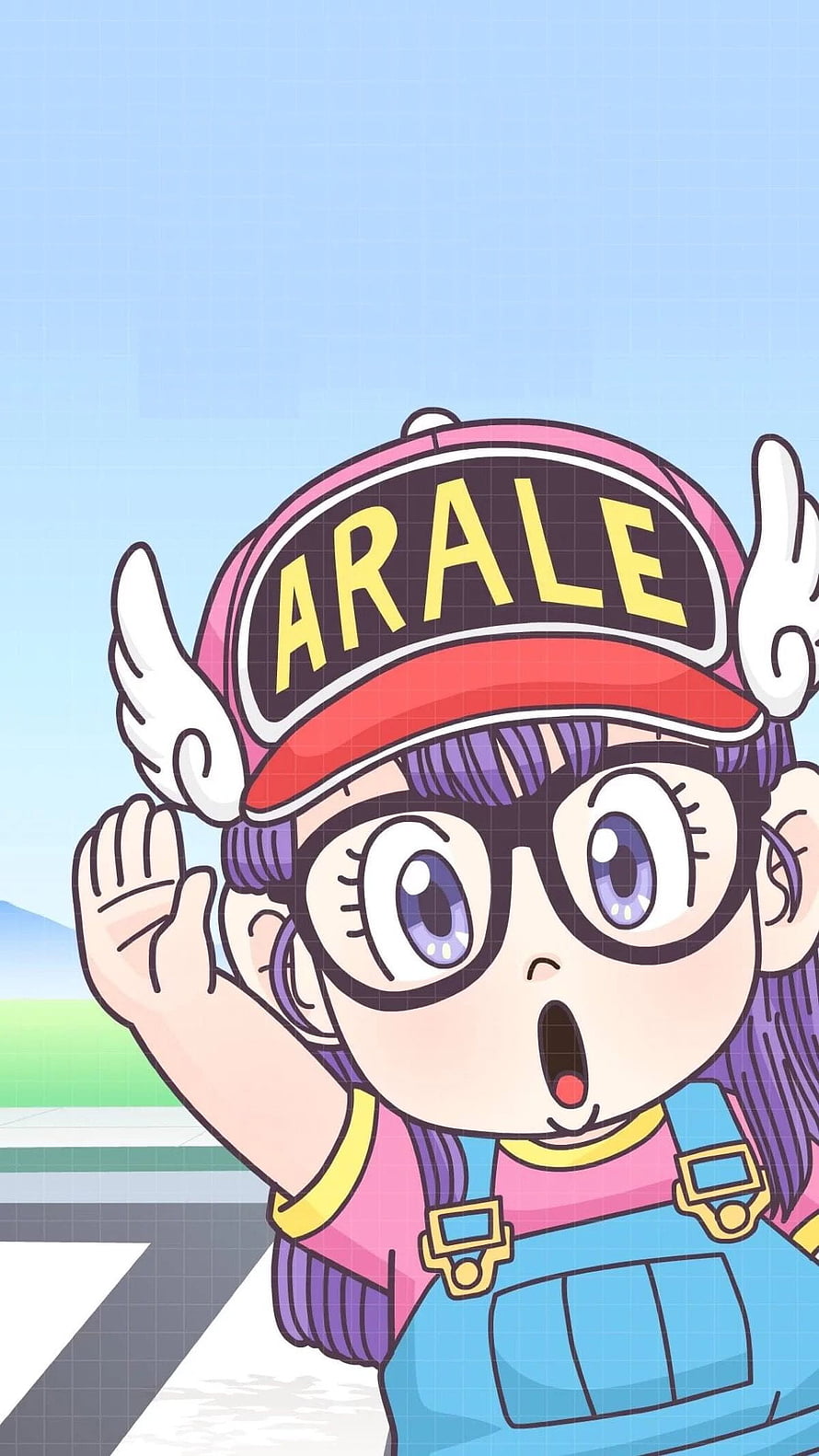 Arale from Dr. Slump in a pink cap and blue overalls with a cheerful expression HD phone wallpaper