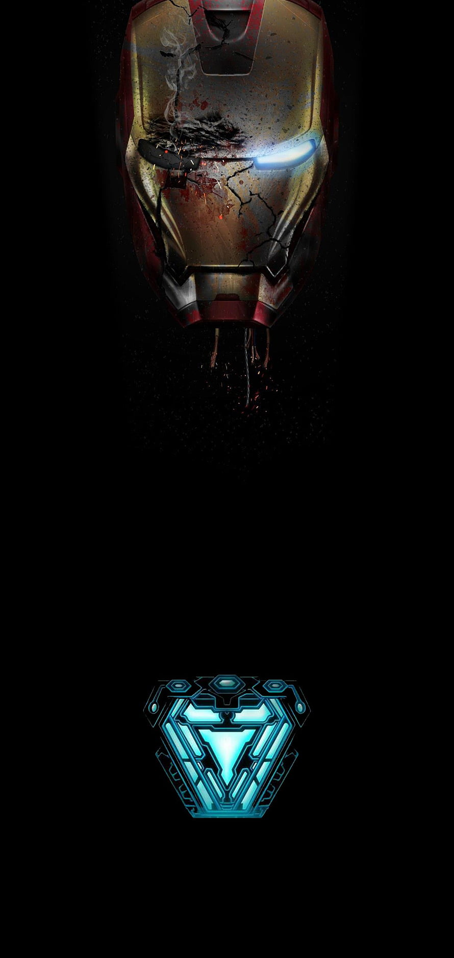 Damaged Iron Man Helmet with Glowing Arc Reactor on Black Background, Ironman with fingerprint : Note10, im iron man HD phone wallpaper