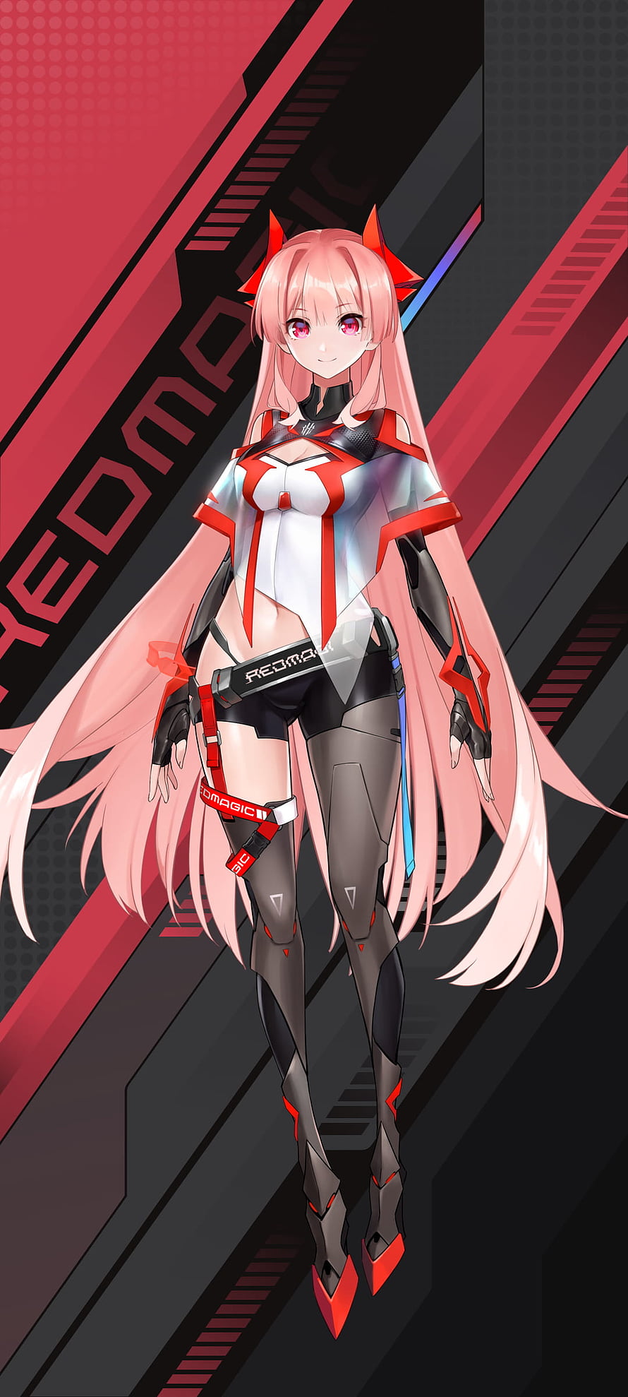 RedMagic Girl Anime Character in Futuristic Red and White Cyberpunk Outfit HD phone wallpaper