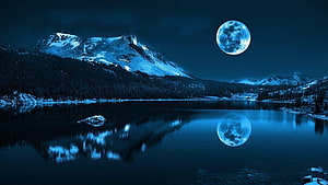 Serene Night Landscape With Giant Blue Moon Reflecting In Mountain Lake HD wallpaper